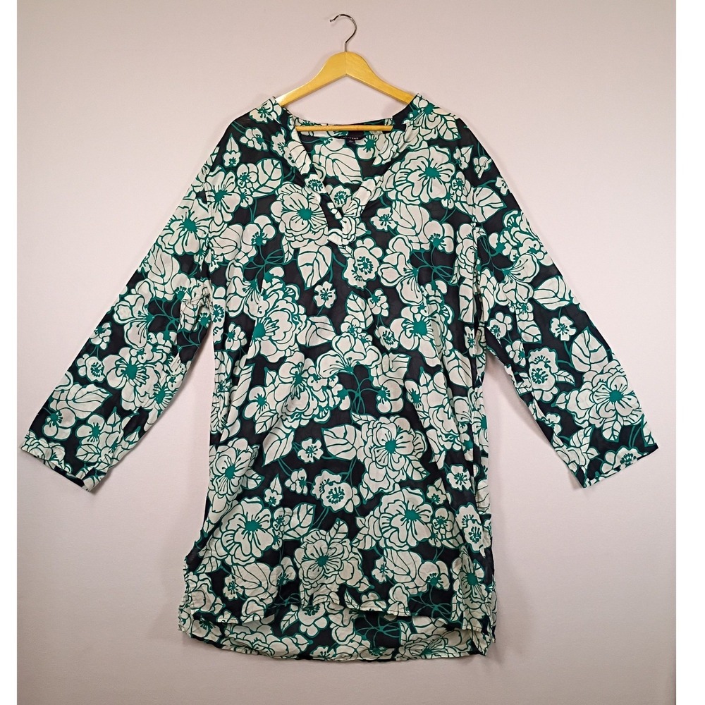 Coastal Floral Lands End Womens XL 18-20 Teal Navy Cotton Split Neck Tunic Top